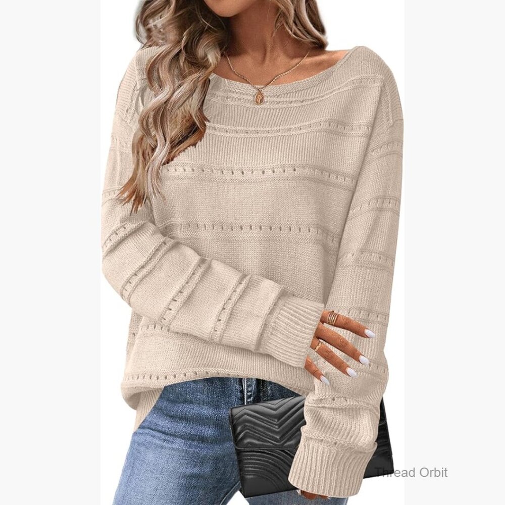 Crochet Pullover Sweater Long Sleeve Loose Fit Boat Neck Lightweight